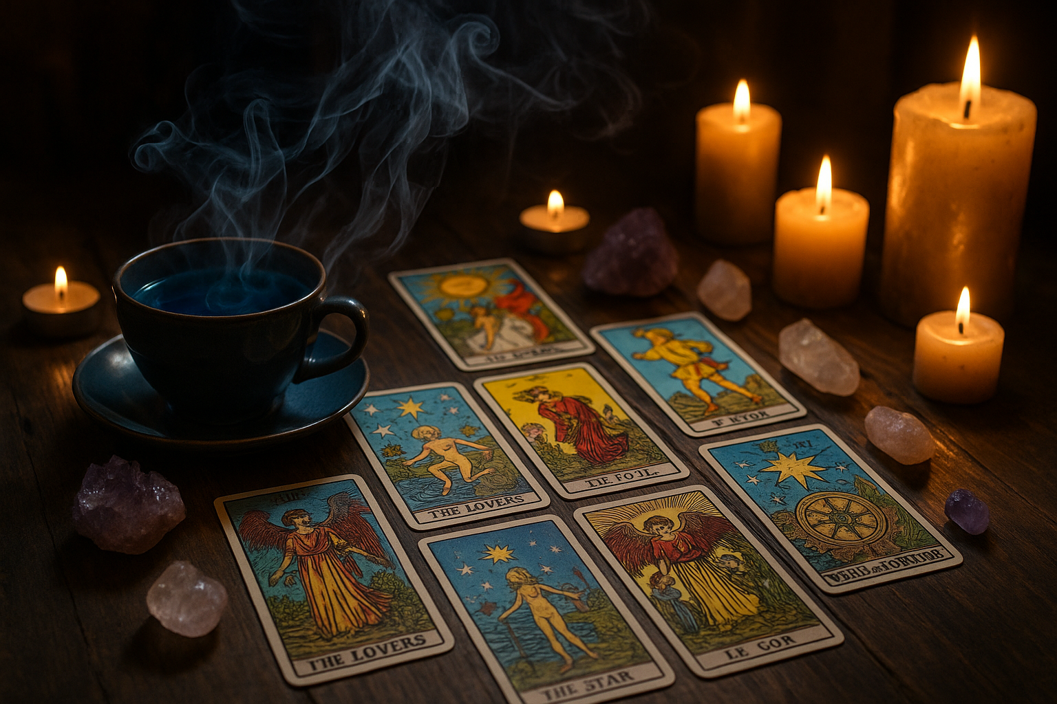 Tarot cards on a table with blue tea,incense smoke, crystals and candles  
