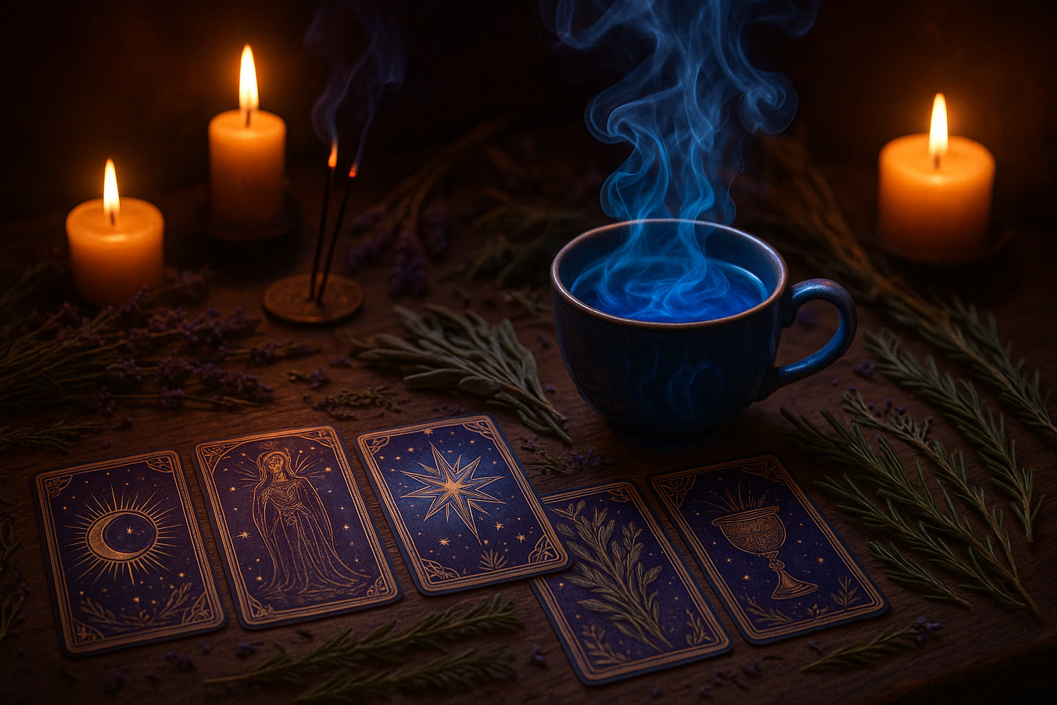 Tarot cards with herbs blue tea & incense 